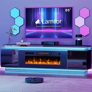 85" TV Fireplace Entertainment Stand,40 LED, Power Outlets