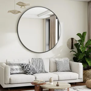 Large 48 Inch Round Wall Mirror with Black Metal Frame.