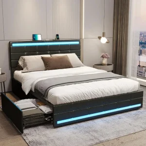 Full Size Bed Frame, LED Lights Headboard Footboard.