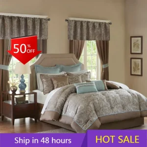 Bedding Set, Faux Silk Comforter, Paisley Jacquard Curtains