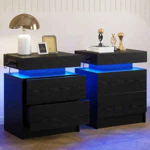 LED Light. Drawers Set.2 or 1, Nightstand Charging Station.