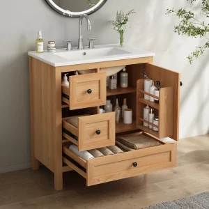 30" Wood Grain Bathroom Vanity with Ceramic Sink
