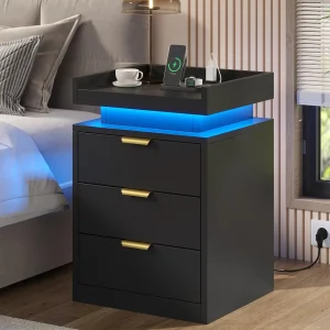 LED Nightstand with Charging Station, 3-Drawer Bedside Table